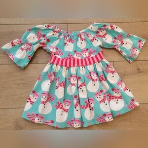 Kelly’s Kids Size 3/4 Christmas Snowman Top/Tunic, Blue Pink Striped Back Tie